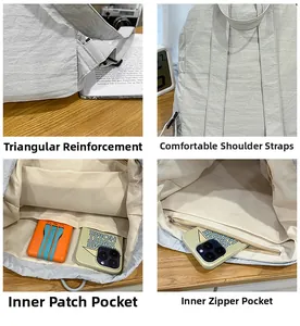 Détails des coutures renforcées, des bretelles confortables et des poches de ce sac en nylon