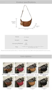 Detailed size chart and multi-color options for suede PU leather crescent crossbody bag