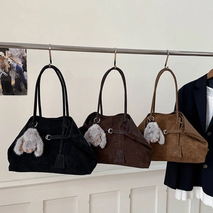 Minimalist faux suede tote bag set in three colors with metal C-logo and plush bunny charm