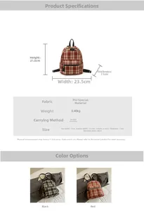 Detailed size specifications for a plaid backpack with black and red color options