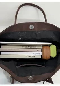Deep coffee large matte tote bag interior showing spacious capacity for books and tablet