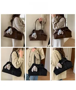 Collage of suede tote bag in black and brown with cute rabbit plush keychain charm
