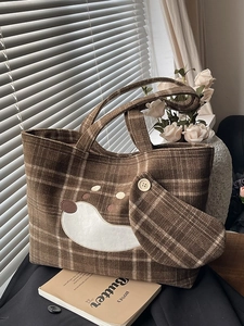 Süße Bestickt Hund Kariert Tragetasche Damen Wollen Patchwork Mode Große Kapazität Umhängetasche Lässig Handtasche
