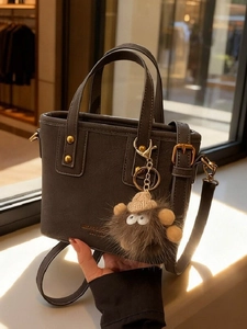 Retro PU Leather Bucket Bag For Women With Detachable Shoulder Strap Rivet Decoration Soft Matte Handbag With Monster Pendant