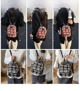 Close-up of vintage plaid backpack with wool-like fabric and adjustable black straps