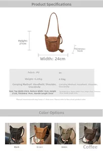 Tableau des tailles et vue multicolore du sac seau minimaliste en cuir PU avec pompon