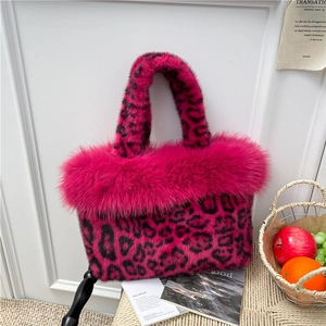 Bolso tote de piel sintética rosa brillante con estampado de leopardo negro y peluche
