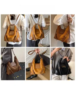 Vues multiples du sac seau vintage en cuir givré dans les tons marron, café et noir