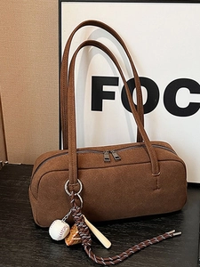 Women Retro Suede Boston Bag Large Capacity Underarm Shoulder Bag With Baseball Charm Casual Daily Commuting Pillow Bag