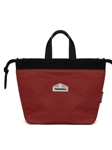 Lightweight nylon crossbody bag with black and red color-block design and drawstring closure
