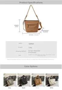 Detailed size specifications and material chart for the minimalist fabric bucket crossbody bag