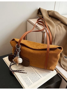 Brown suede large capacity tote bag with minimalist design and sports charms accessories