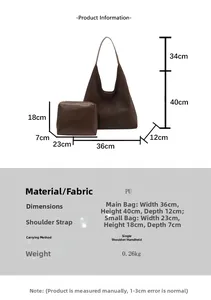 Size chart showing large and small PU leather tote bags with detailed measurements