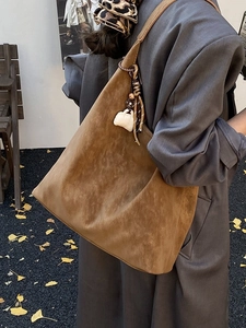 Brown suede tote bag with plush charm, large capacity minimalist retro shoulder bag for women