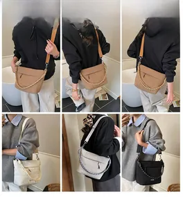 Detail shots of minimalist crossbody bags in brown, beige, and black nylon fabrics
