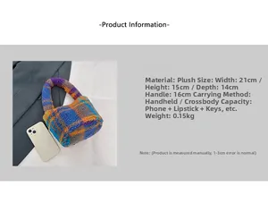 Detailed size specifications and interior capacity for the plaid plush bucket bag