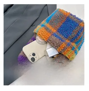 Detail presentation showing the spacious interior capacity of a colorful plush bucket bag