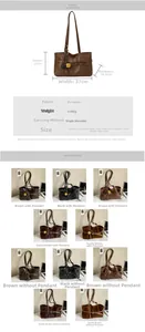 Size chart showing large suede tote bag dimensions with diverse color options and specifications