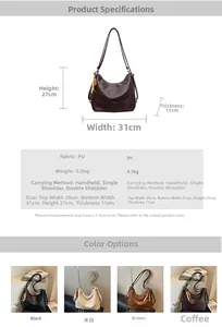 Detailed size chart showing dimensions for large vintage PU leather hobo shoulder bag