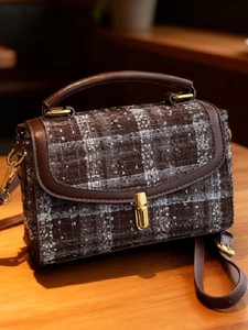 Vintage Tweed Plaid Shoulder Bag For Women PU Leather Splicing Top Handle Crossbody Bag Fashion Casual Small Square Handbag