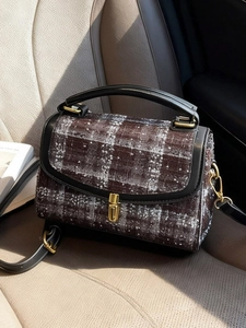 Classic coffee plaid tweed handbag with gold metal lock and black leather handle