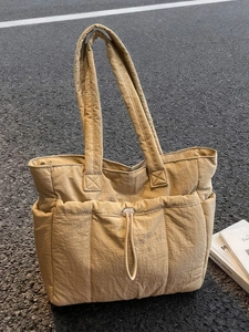 Women Large Capacity Puffer Tote Bag Minimalist Quilted Shoulder Bag Solid Color Nylon Fabric Handbag For Commuting Casual