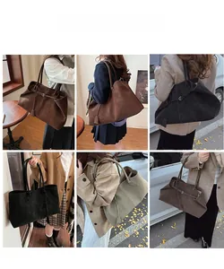 Detailed views of high-capacity matte suede tote bags in various vintage colors