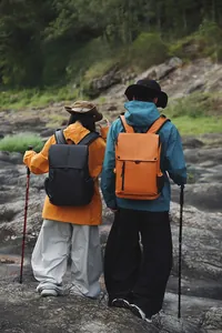 Sacs à dos de randonnée noir et orange vus de dos lors d'activités sportives en plein air