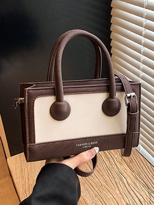 Vintage PU Leather Small Handbag For Women Fashion Contrast Color Crossbody Bag Retro Commuter Shoulder Square Satchel Bag