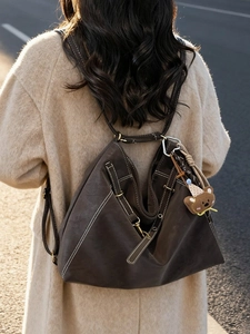 Brown large capacity tote bag with white contrast stitching and cute bear charm