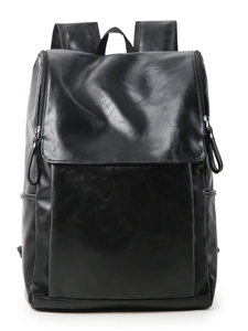 Minimalist black PU leather backpack with top handle and side zipper in front view