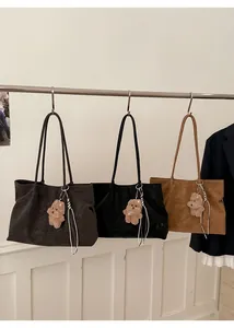 Detailed view of matte faux leather tote bags in coffee, black and caramel with bear charms