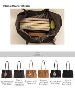 Detail view of large tote bag interior with striped lining and three color options