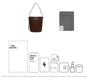 Guide de capacité du sac seau en daim marron montrant l'espace pour un portable 6,7 pouces