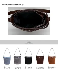Détail de l'intérieur zippé du sac seau mat et des cinq options de couleurs variées