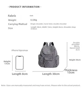 Detailed size chart showing dimensions and capacity specifications for the polka dot backpack