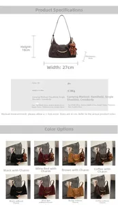 Detail view of crescent shoulder bag with metallic trim, dimensions, and color variants