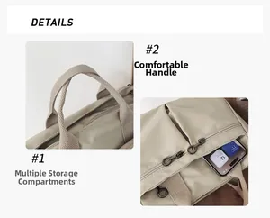 Detail of durable nylon tote showing reinforced handle and front storage pocket for phone