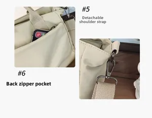 Detail of detachable fabric shoulder strap and hidden back zipper pocket on nylon tote
