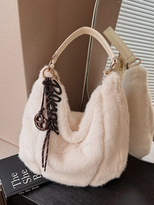 Plush off-white faux rabbit fur hobo shoulder bag with leather strap and letter pendant