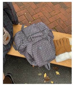 Gray backpack with white stars on a park bench with winter accessories and leaves