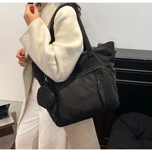 Dettaglio borsa tote in velluto a coste nero con tasca zip e piccolo portamonete coordinato