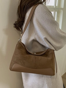 Vintage brown matte suede underarm bag with leather trim and metal twist lock for women