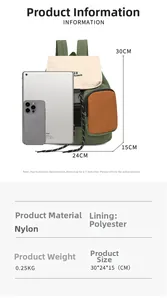 Detailed size chart showing nylon backpack dimensions 30x24x15cm and 0.25kg lightweight specs