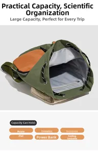 Detail of army green backpack with spacious interior, zipper pocket, and orange trim accents