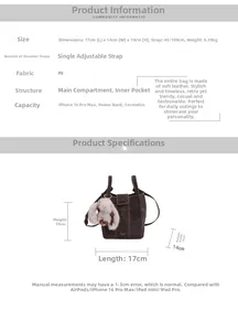 Size chart showing 17x14x19cm dimensions for this pleated PU leather bucket handbag
