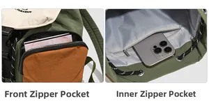 Detailed views of the front zipper pocket and internal storage compartments of the backpack