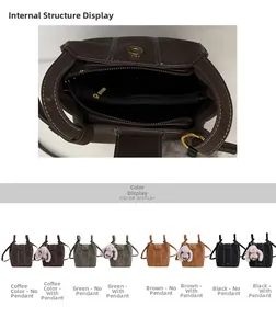Detail showing the inner pocket structure and four color options of this vintage bucket bag