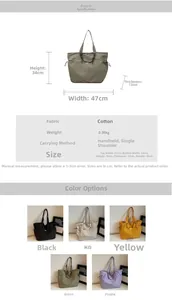 Size guide for large capacity tote bag with dimensions 47x34x13cm in five colors