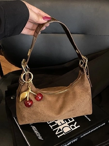 Vintage Women PU Hobo Underarm Bag Large Capacity Tote Shoulder Bag With Cute Cherry Pendant Stitching Daily Retro Messenger Bag